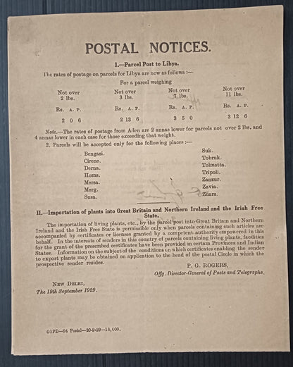 India 1929 POSTAL NOTICES + CIRCULAR Parcel Post to Libya, etc.