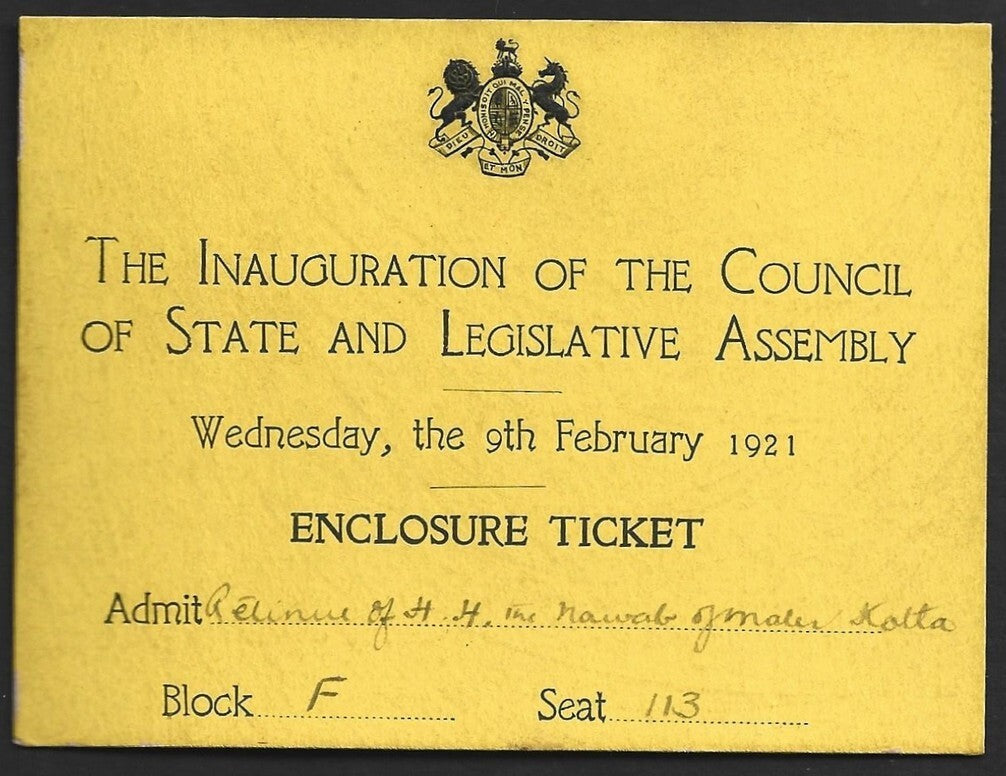 1921 Duke of Connaught INDIA VISIT Inaug of Legislative Assembly crested pass