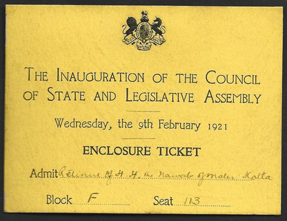 1921 Duke of Connaught INDIA VISIT Inaug of Legislative Assembly crested pass