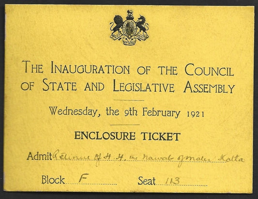 1921 Duke of Connaught INDIA VISIT Inaug of Legislative Assembly crested pass