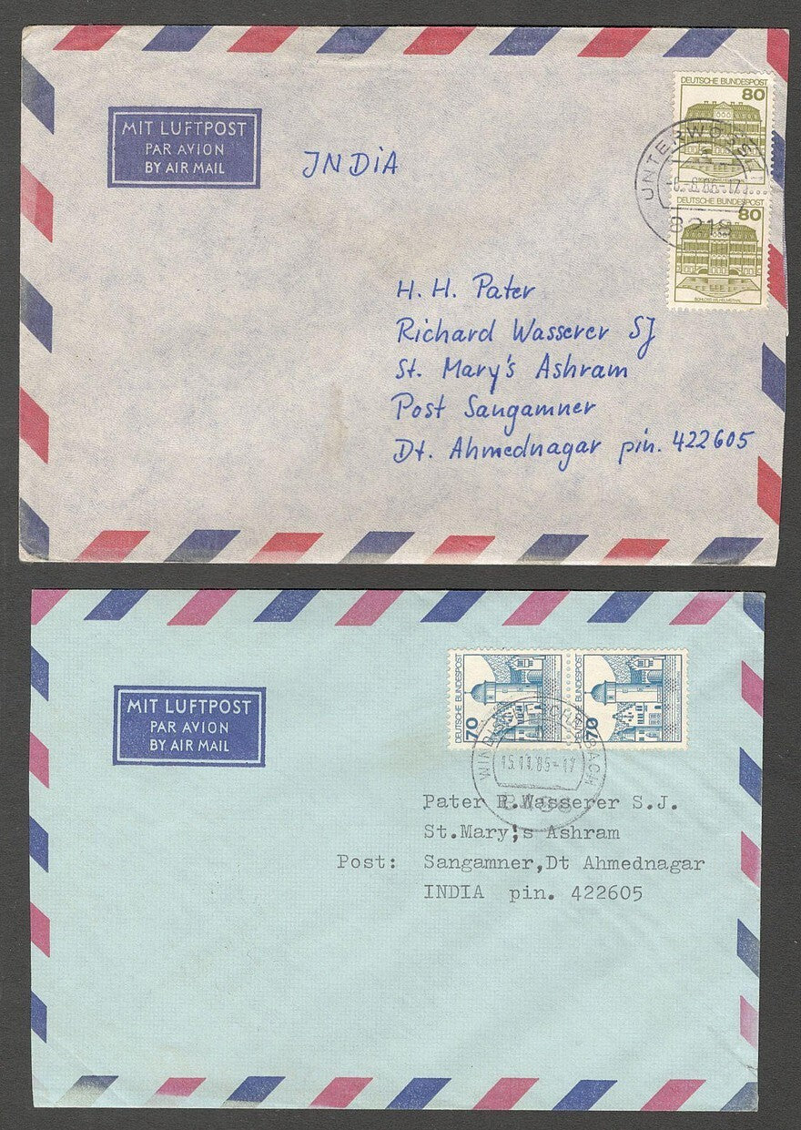 AOP Germany 1977-82 70pf & 80pf pairs on covers to India. Mi. 918/1140 MeF