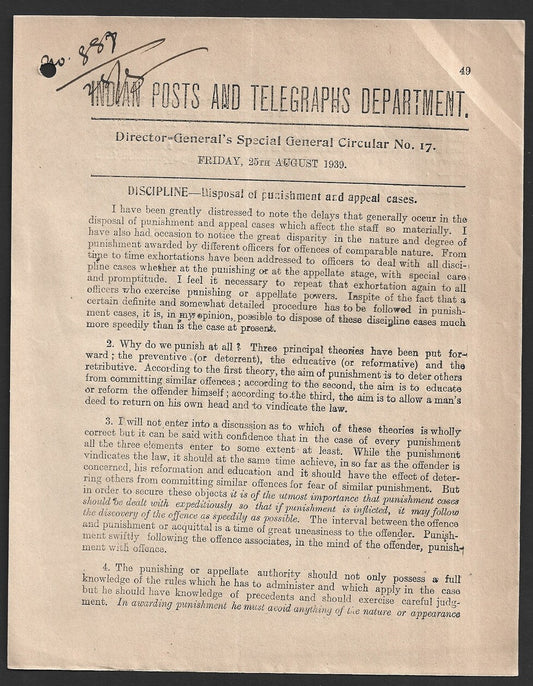 India 1939 POSTAL NOTICE Discipline - Disposal of Punishment and Appeal Cases