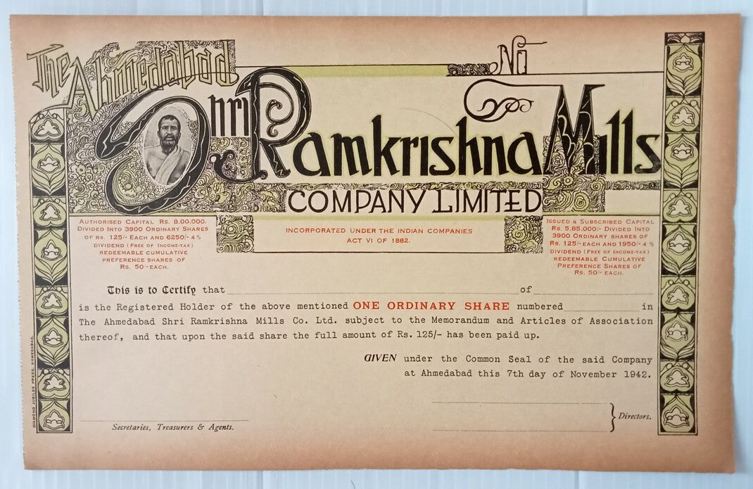 AOP India 1942 share certificate Shri, Ram Krishna Mills