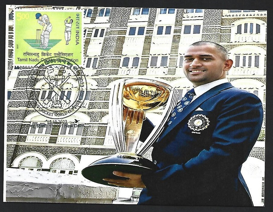 India 2023 ICC Cricket World Cup postcard MAHENDRA SINGH DHONI
