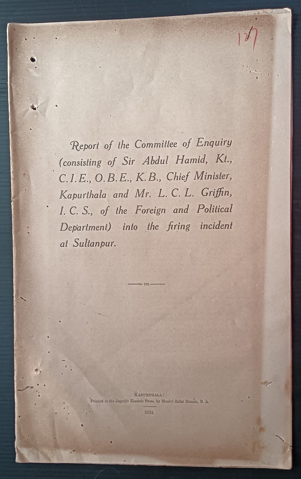 India 1934 report into the Firing incident at Sultanpur