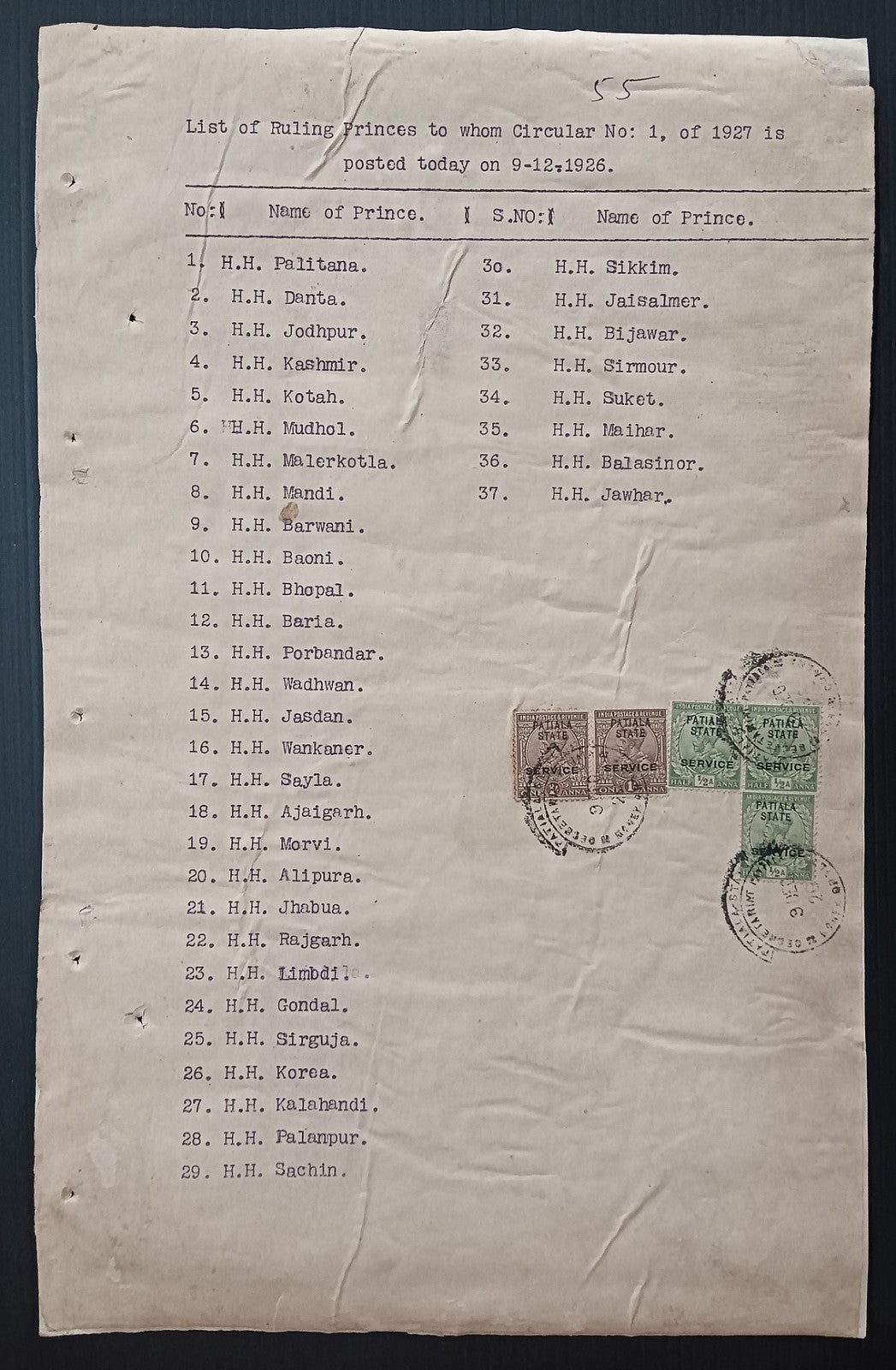 India PATIALA 1939 Cerificate of Posting letters to RAJAS & NAWABS of 37 States