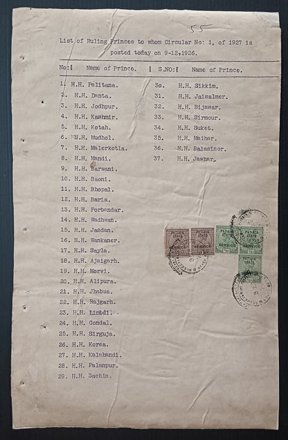 India PATIALA 1939 Cerificate of Posting letters to RAJAS & NAWABS of 37 States