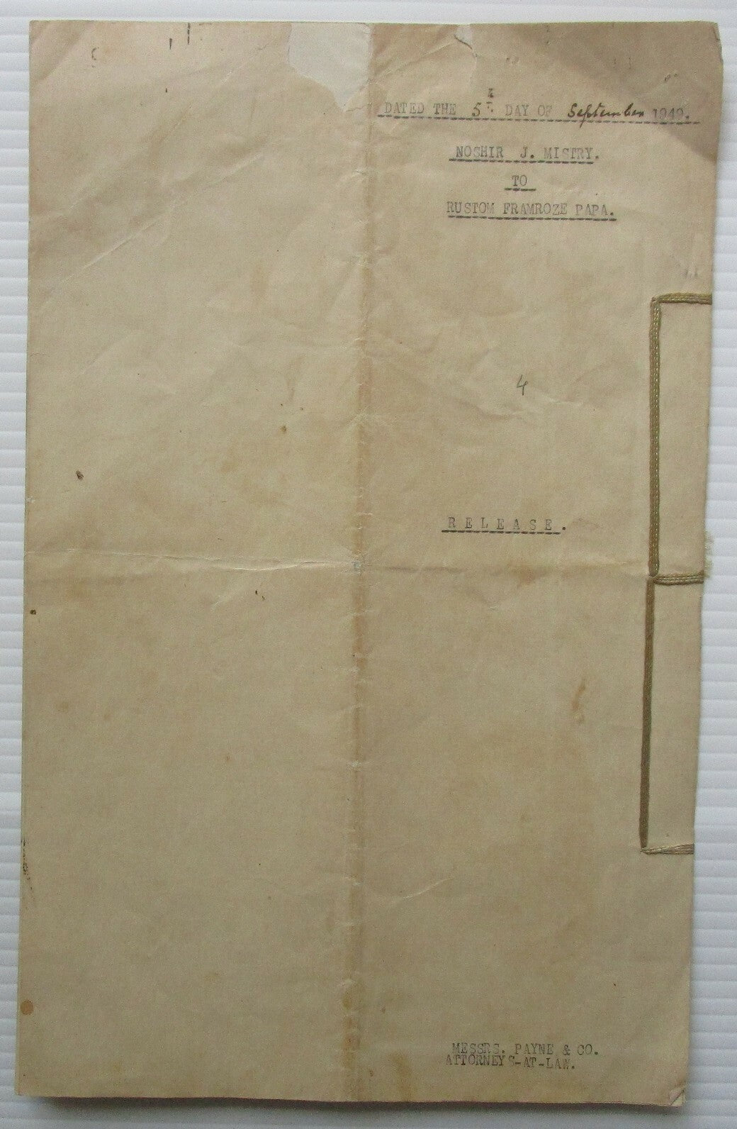 India 1949 Release document with Special Adhesive KGV 5R, 10R