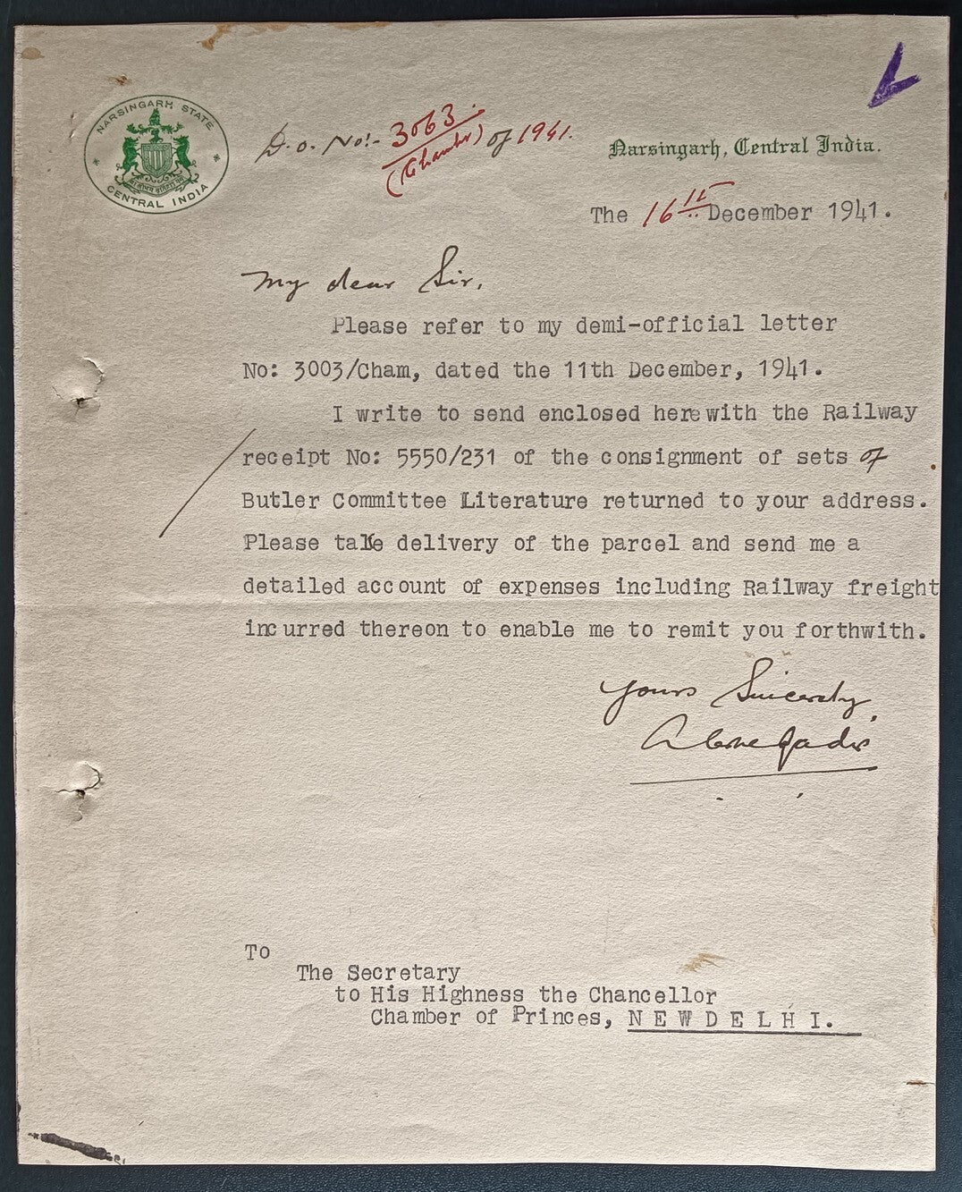 India 1941 crested letter NARSINGARH STATE
