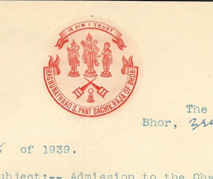 BHOR STATE India 1939 crested letter signed the Ruler RAGUNATH RAO PANT SACHIV