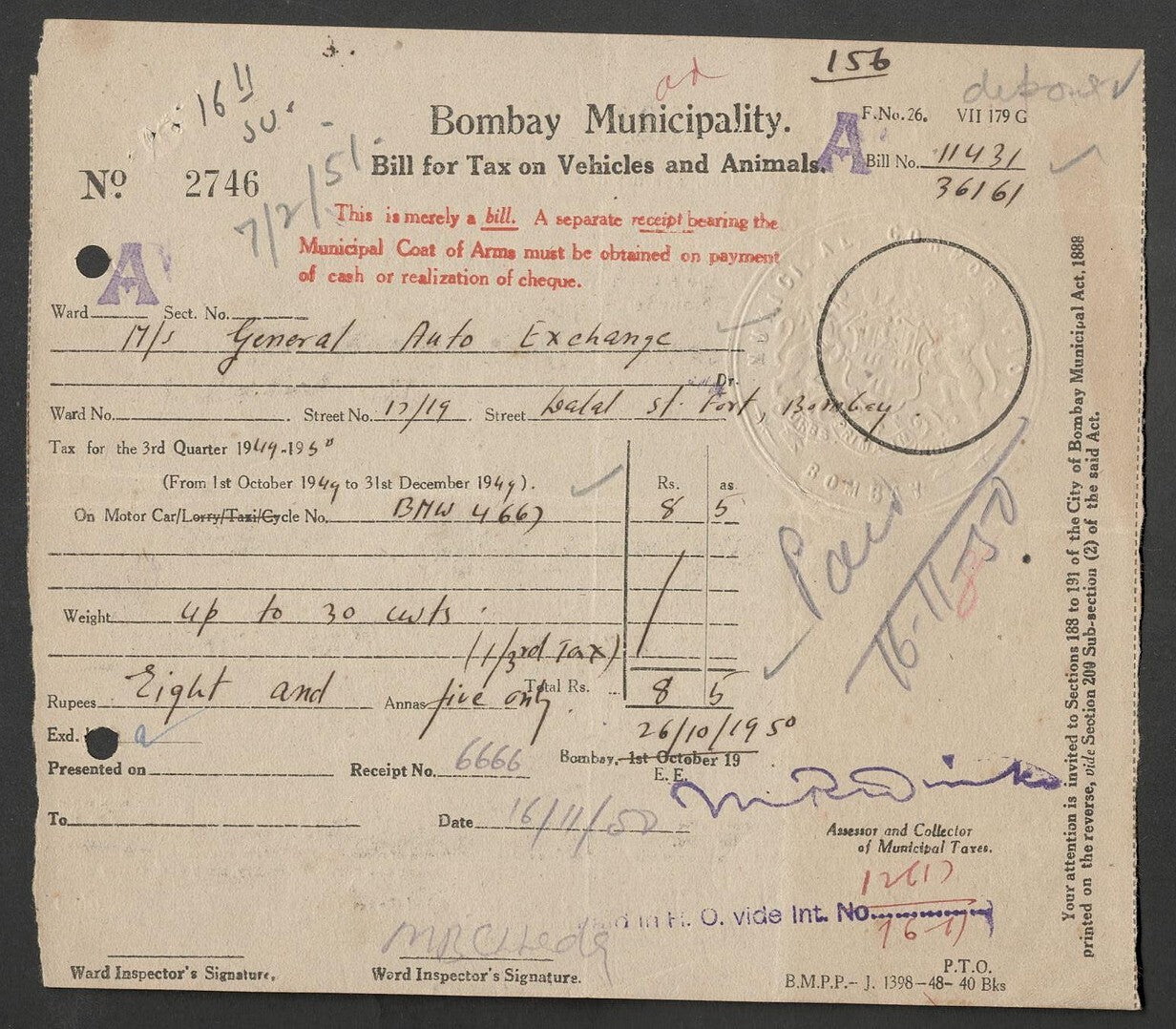 AOP India 1949 3rd Q Bombay Municipal Corp BILL FOR TAX ON VEHICLES AND ANIMALS