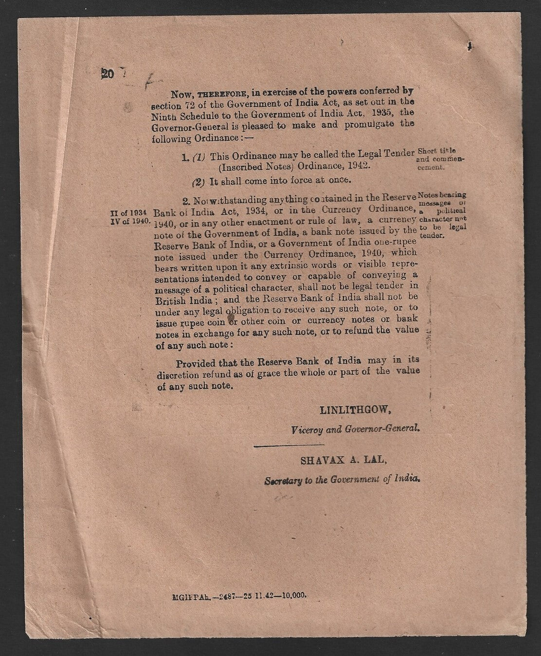 India POSTAL CIRCULAR #7 19 Nov 1942 Currency wi Messages of Political Character