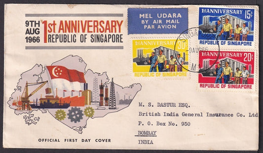Singapore 1966 1st Anniversary of the Republic FDC to India