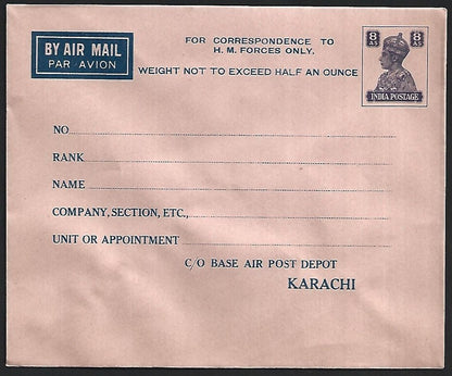 India WW2 KGVI 8a Karachi Military envelope for corres. to H M Forces (3 diff)