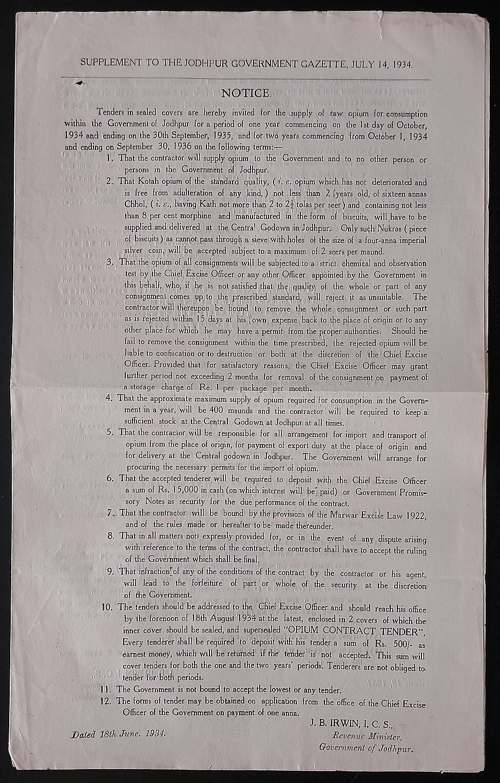 AOP India Kotah State 1934 OPIUM TENDER DOCUMENT