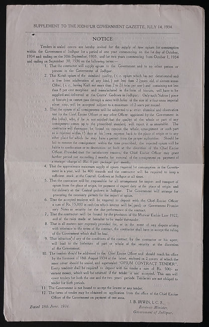 AOP India Kotah State 1934 OPIUM TENDER DOCUMENT