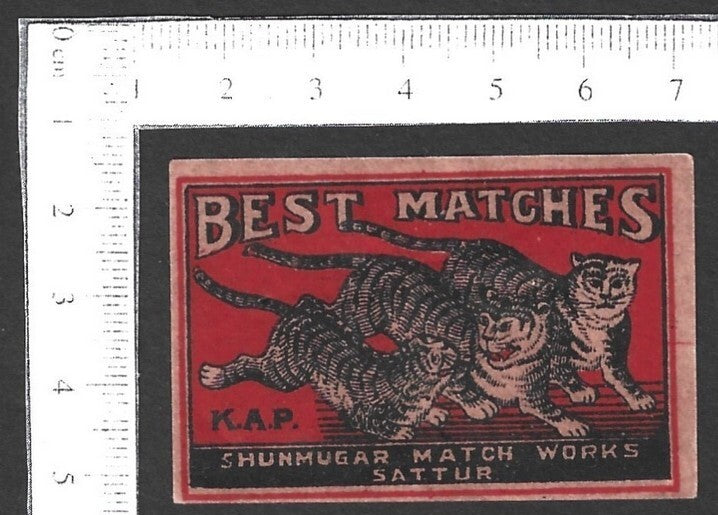 India VINTAGE matchbox label - 3 TIGERS by Shunmugar Match Works, Sattur