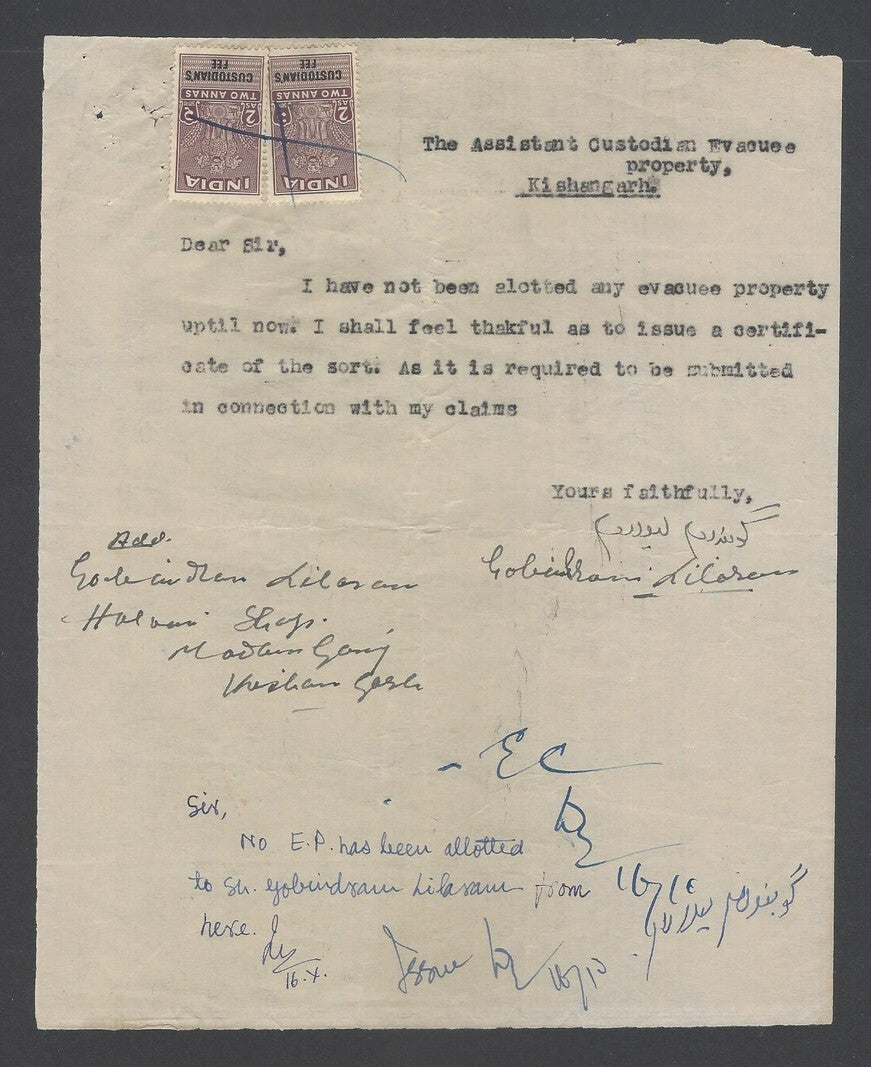 India revenues Custodian of Evacuee Properties document wi 1948 CUSTODIAN FEES