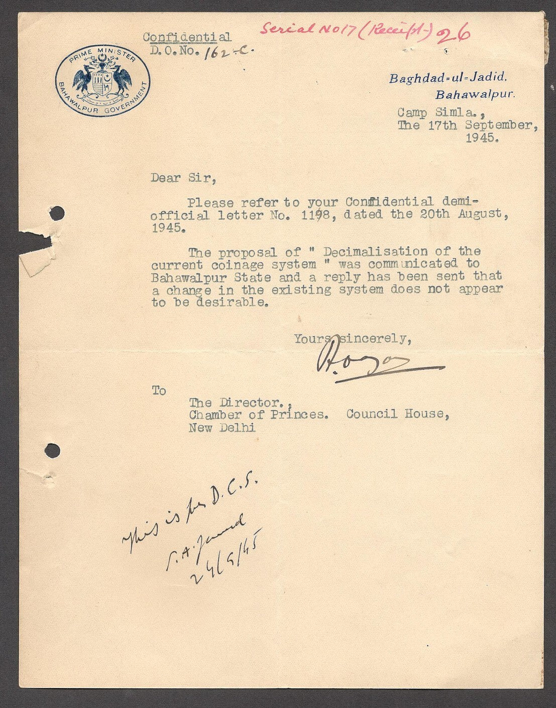 India 1945 crested letter PRIME MINISTER / BAHAWALPUR GOVERNMENT signed