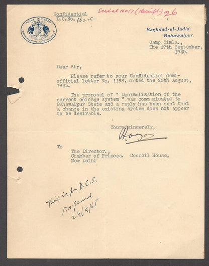 India 1945 crested letter PRIME MINISTER / BAHAWALPUR GOVERNMENT signed