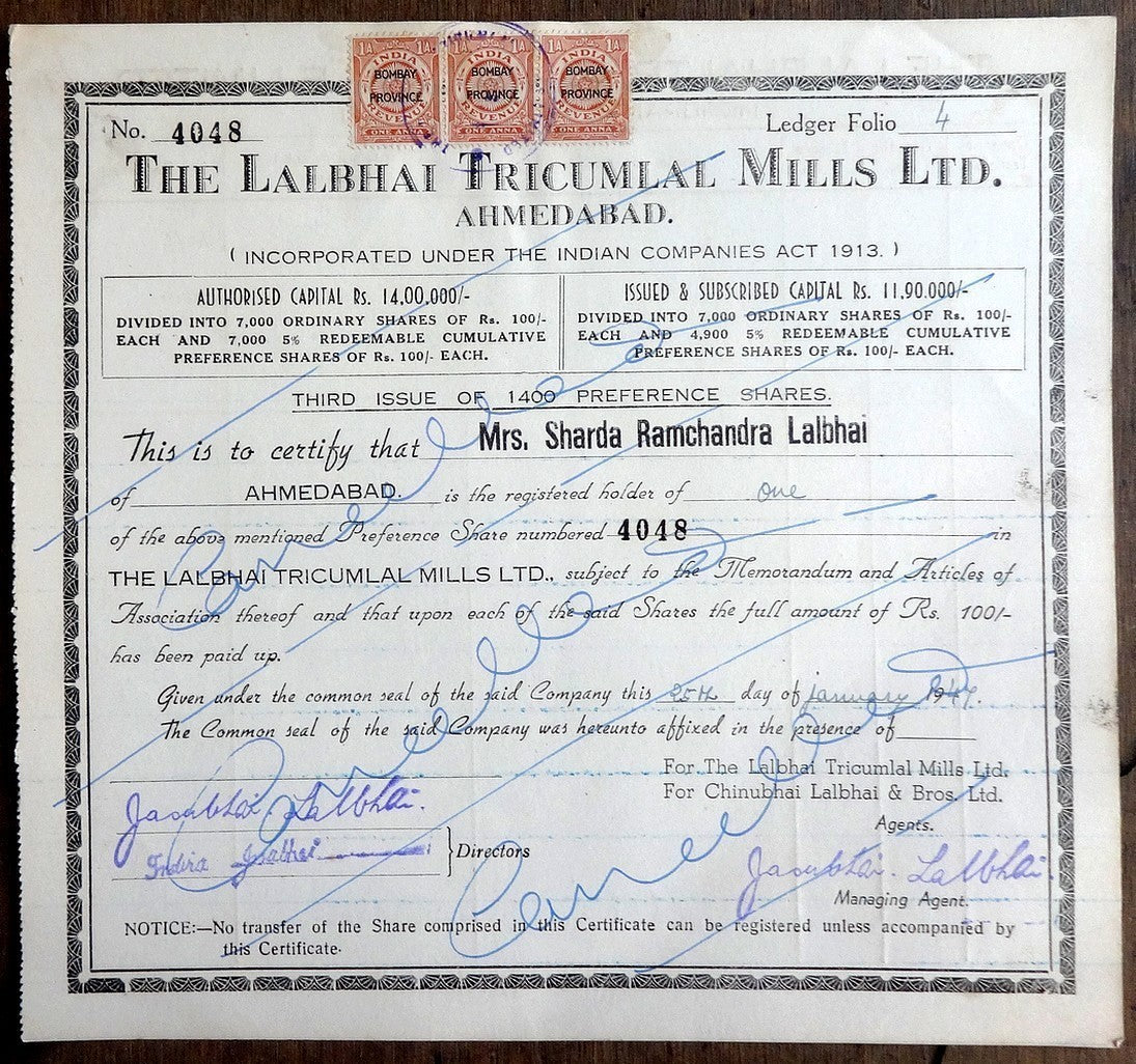 India LALBHAI TRICUMAL MILLS share certificates x 4 different 1929-49