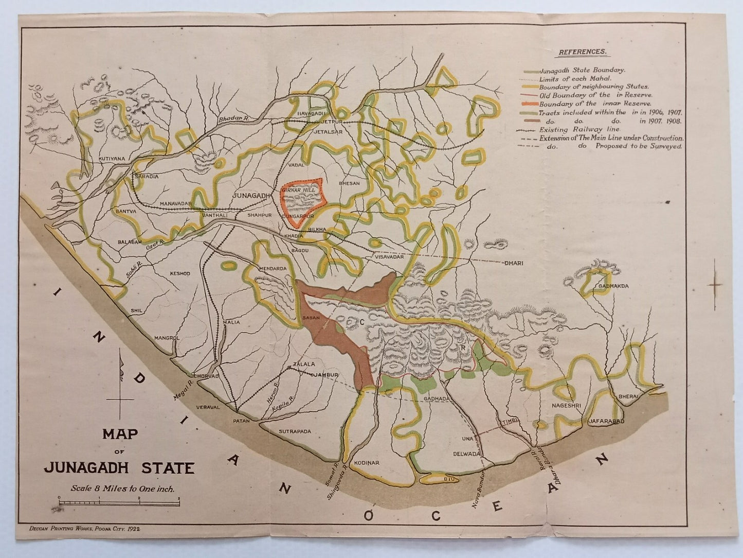 AOP India 1922 MAP of Junagadh State 33x45cm