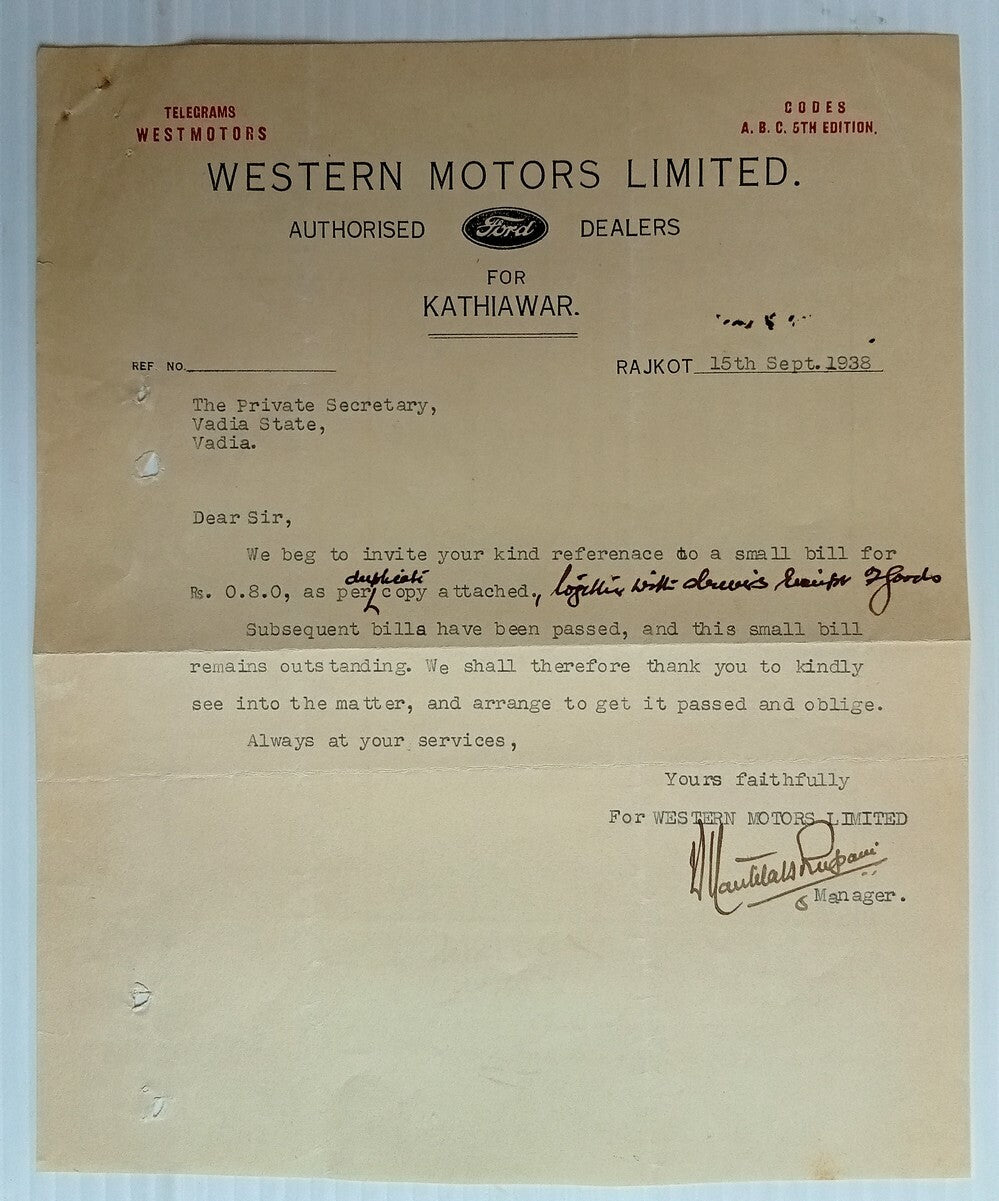 AOP India 1938 letterhead WESTERN MOTORS FORD DEALERS Rajkot