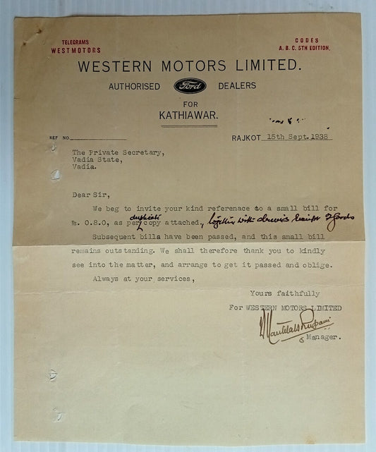 AOP India 1938 letterhead WESTERN MOTORS FORD DEALERS Rajkot