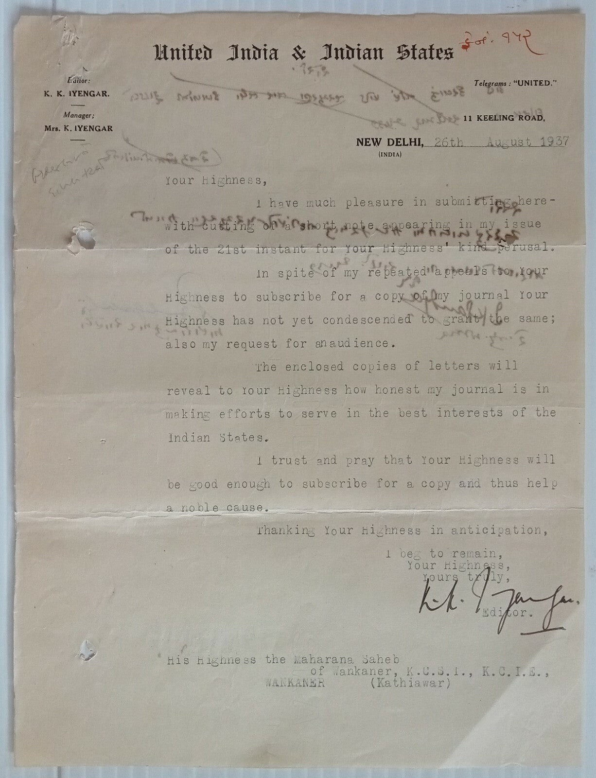 AOP India 1937 United India & Indian State, New Delhi