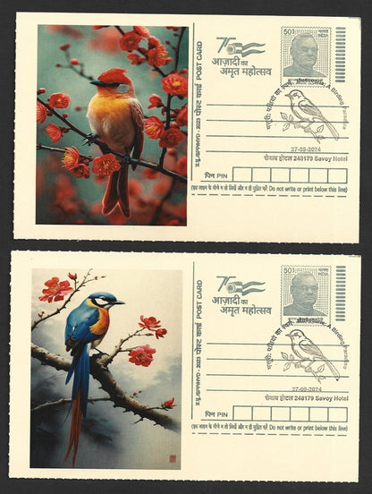 India 2024 Birding Paradise Savoy Hotel postmark cards MULTICOLORED BIRDS (8)