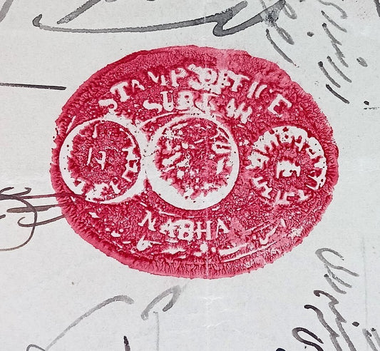 India NABHA State stamp papers Type 28 1896 8a red - unlisted colour