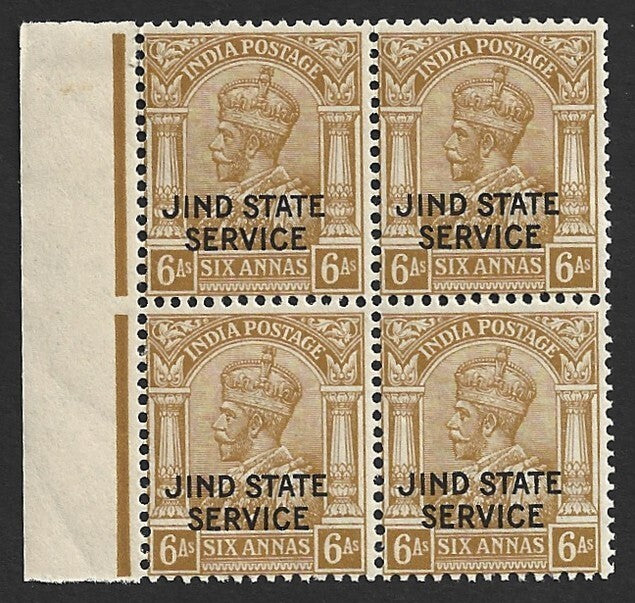 India Jind State KGV 1927-37 6a block of 4 with fancy gutter MNH. SG O55w £36