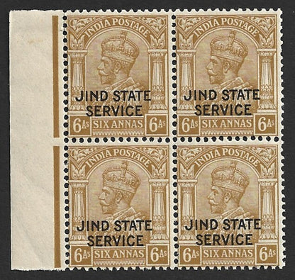 India Jind State KGV 1927-37 6a block of 4 with fancy gutter MNH. SG O55w £36