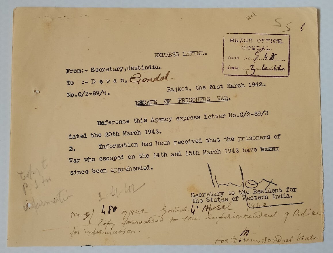 AOP India WW2 1942 Official letter ESCAPE OF PRISONERS OF WAR CAUGHT!