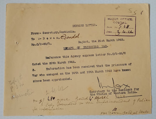AOP India WW2 1942 Official letter ESCAPE OF PRISONERS OF WAR CAUGHT!