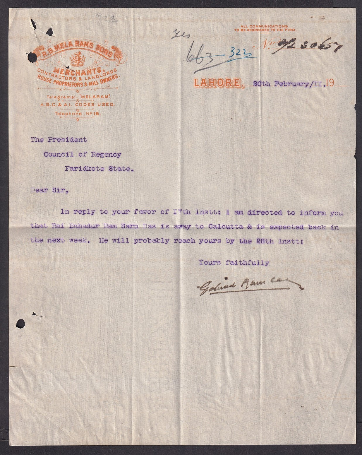 India R.B.Mela Rams Sons, Lahore Merchants & Landlords 1919 letterhead