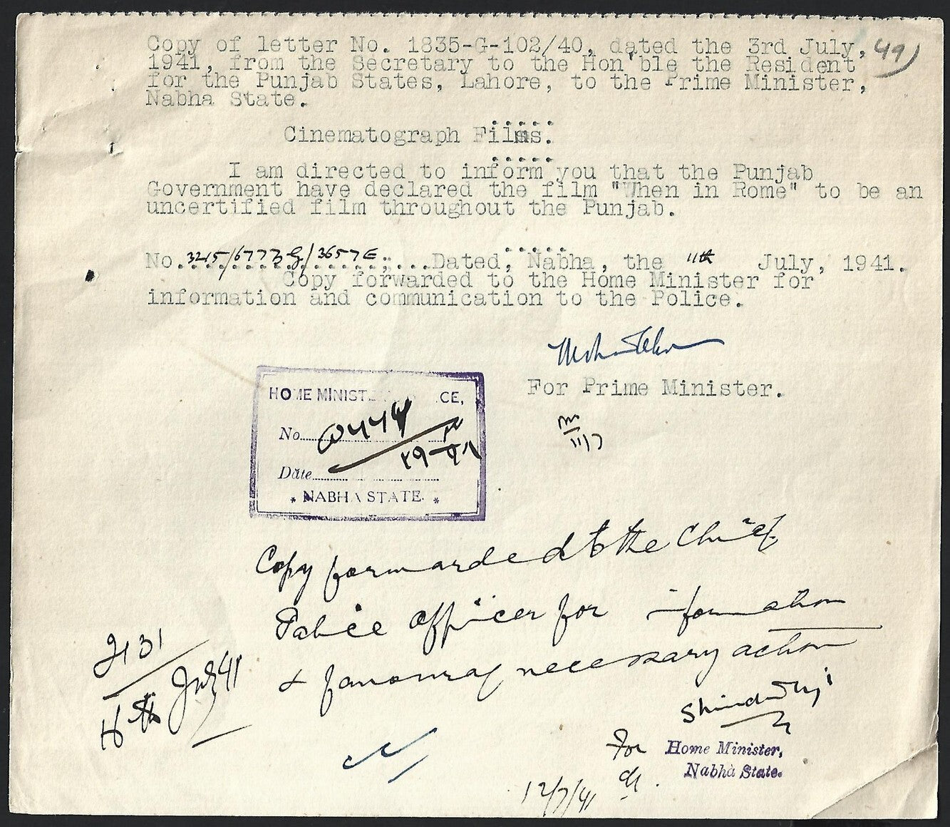 India 1940 Official Order BANNING the movie WHEN IN ROME in Punjab