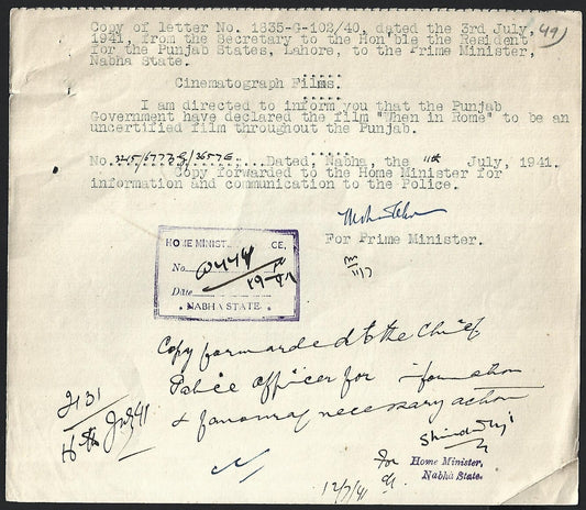 India 1940 Official Order BANNING the movie WHEN IN ROME in Punjab