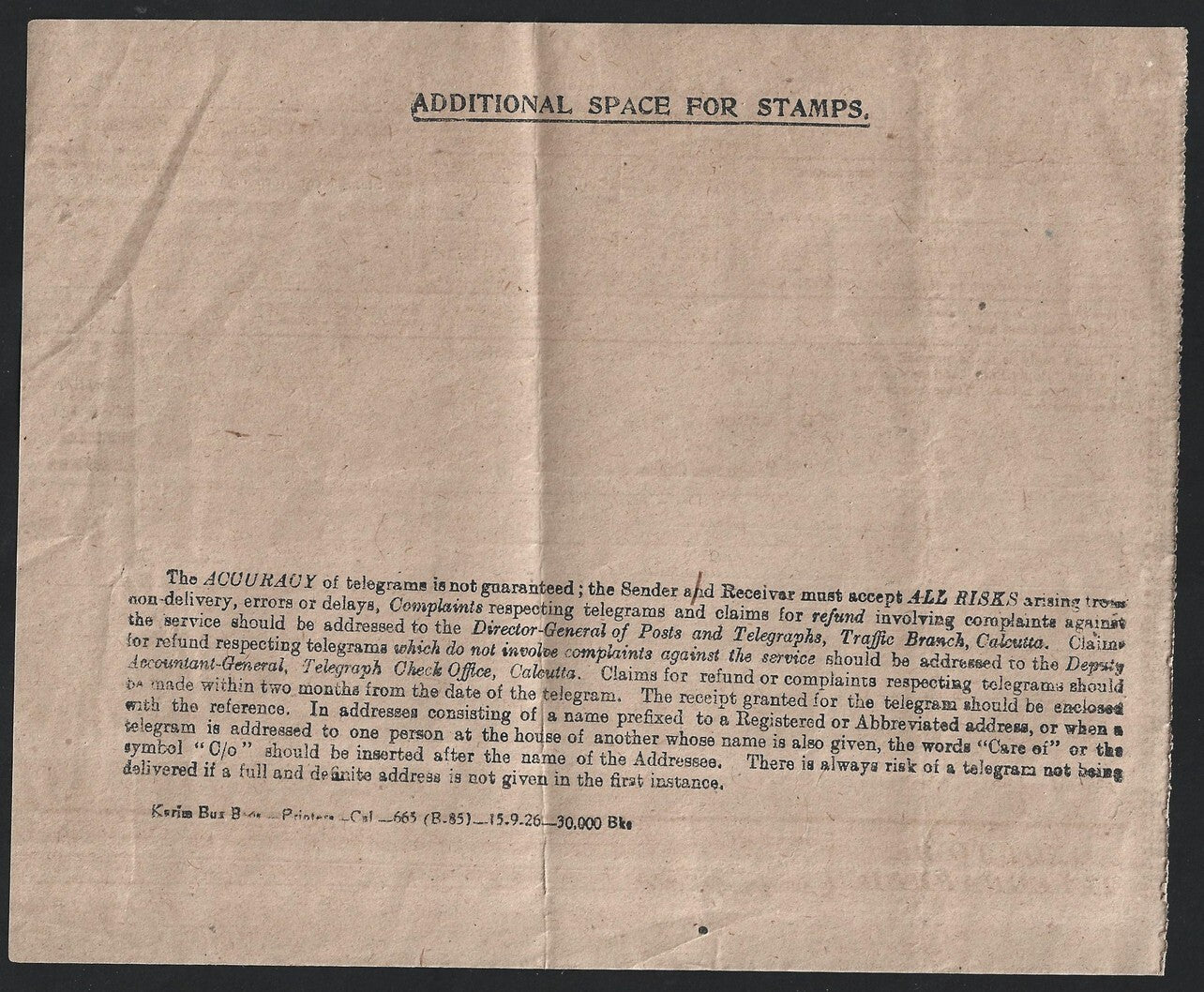 India 1926 telegram with counterfoil unused