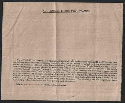 India 1926 telegram with counterfoil unused