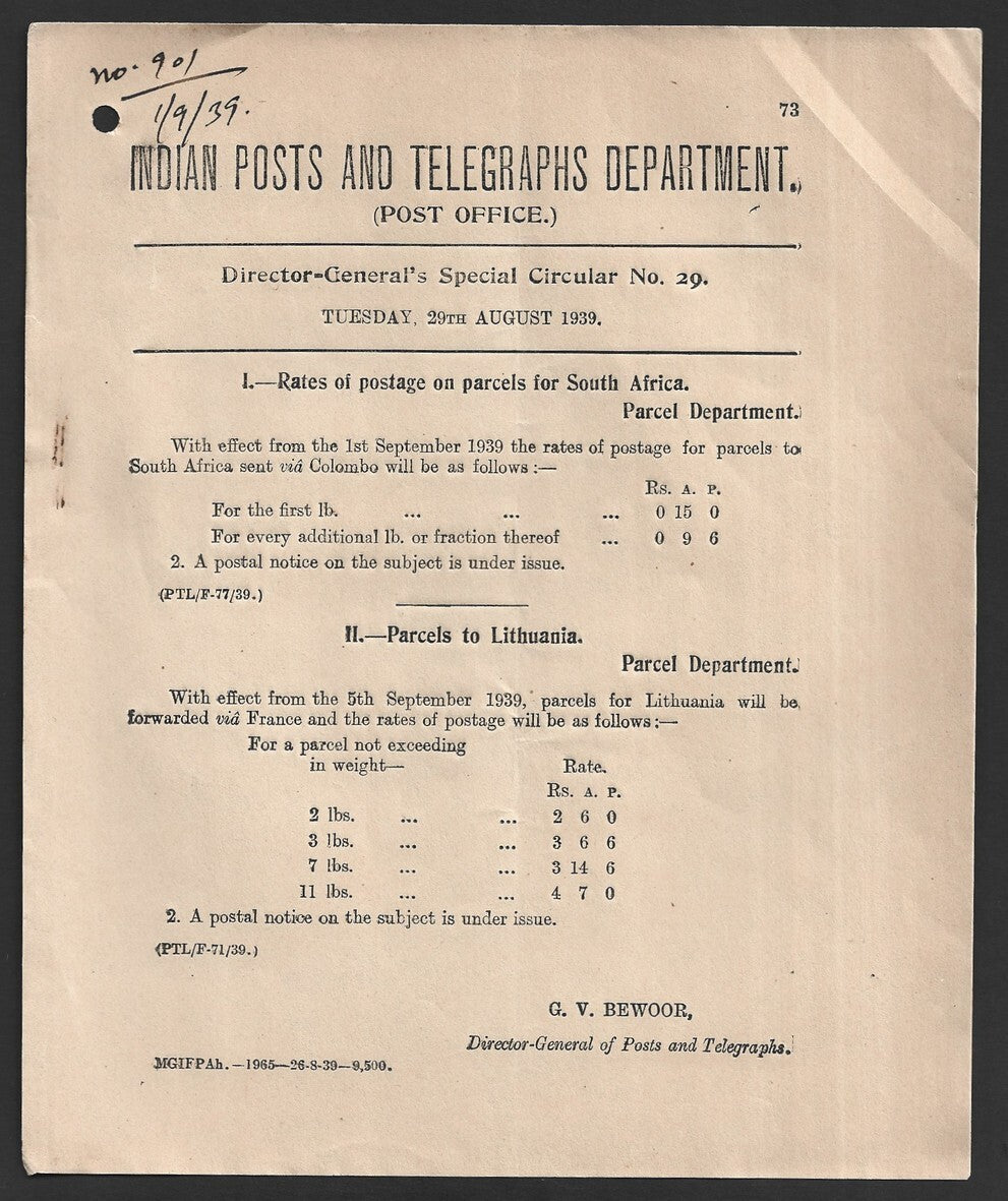 India 1939 POSTAL NOTICE Rates of Postage parcels for South Africa & Lithuania