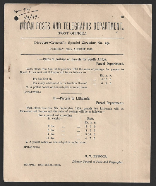 India 1939 POSTAL NOTICE Rates of Postage parcels for South Africa & Lithuania