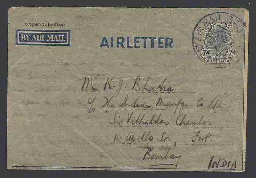 Australia KGVI 7d air letter to India
