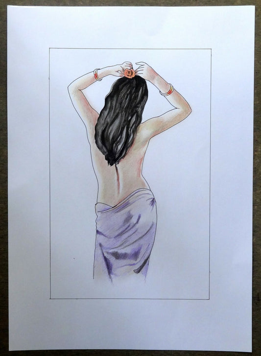 Indian Beauty watercolours, crayons & ink on card 11.5” x 17.5”