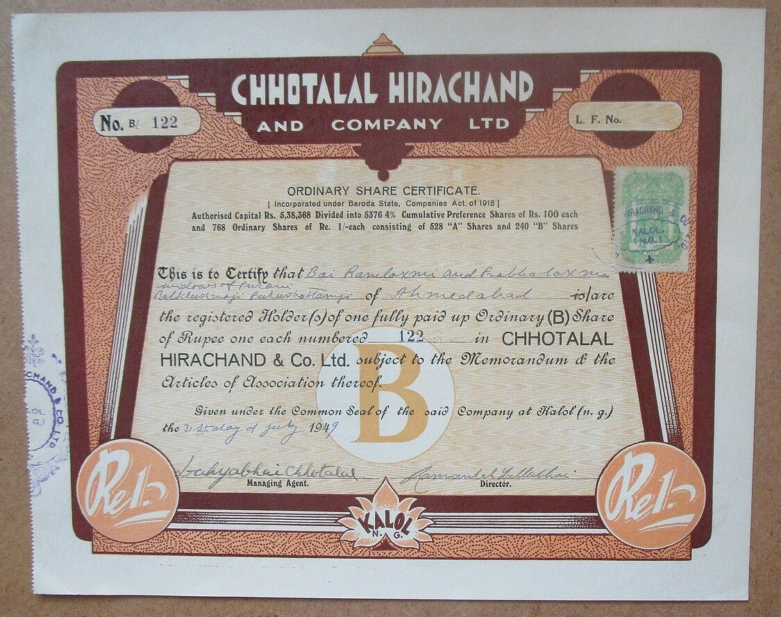 India Chhotalal Hirachand & Co. Ltd. 1949 share certificate