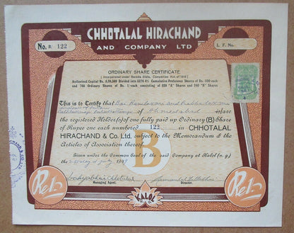 India Chhotalal Hirachand & Co. Ltd. 1949 share certificate