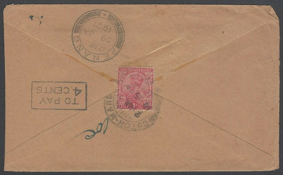 AOPIMT Malaya 1921 Postage Due cover India Penang with boxed TO PAY 4 CENTS 