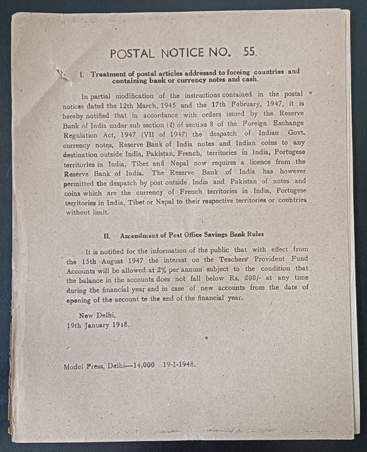India POSTAL NOTICE No. 55 19th January 1948 Multiple Topics + CIRCULAR No. 57