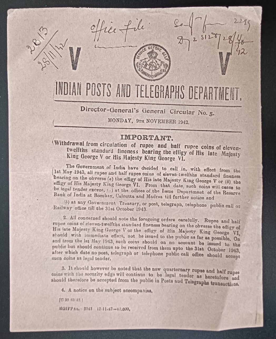 India NOTICE 9th November 1942 Withdrawal Rupee & Half Rupee Coins KGV & KGVI