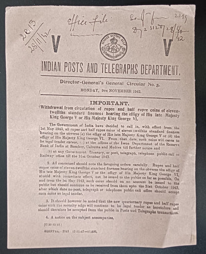 India NOTICE 9th November 1942 Withdrawal Rupee & Half Rupee Coins KGV & KGVI
